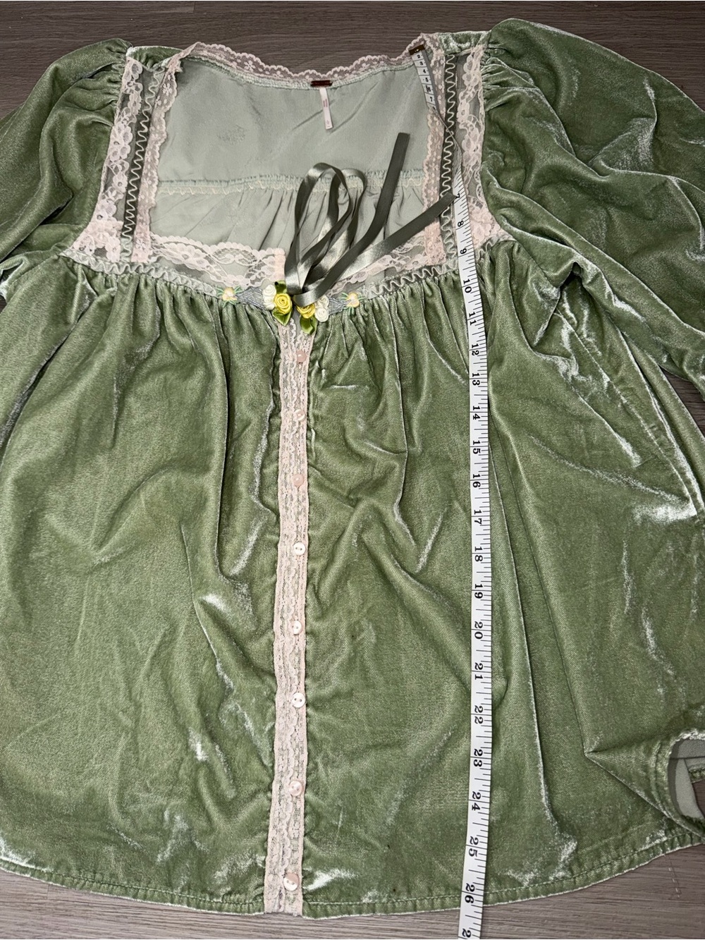 Free People Sage Green Velvet Blouse with Lace Trim - Picture 10 of 16